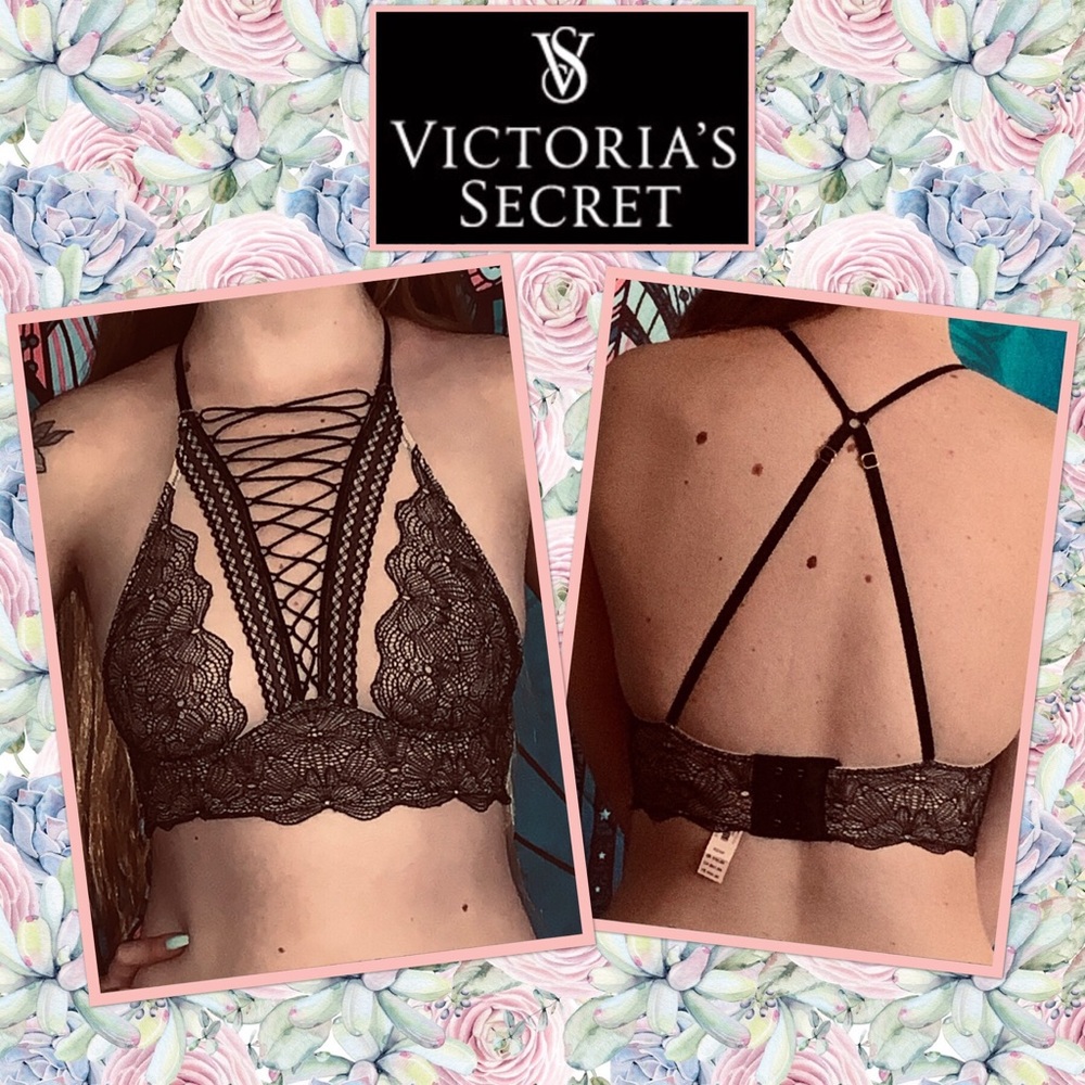 🔥VICTORIA SECRET BLK LACE HI NECK BRALETTE SM - Picture 1 of 6